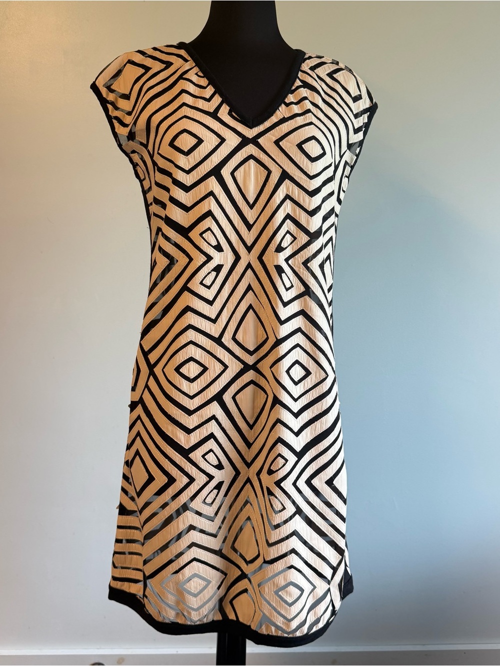 Black & Cream Geometric V-Neck Mini Dress